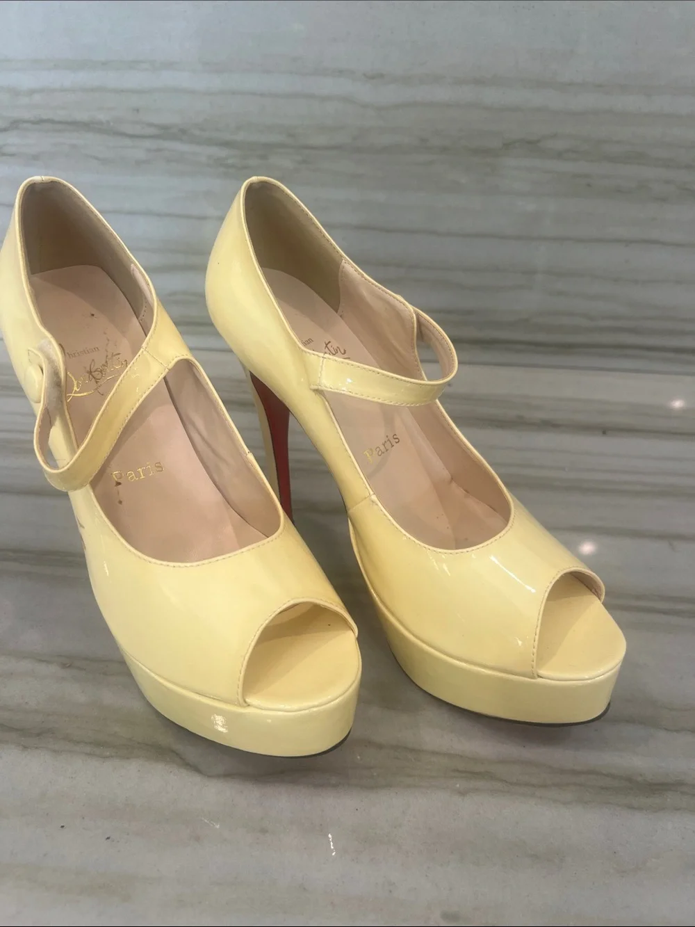 Yellow Patent Mary Jane Peep-Toe Platform Heels